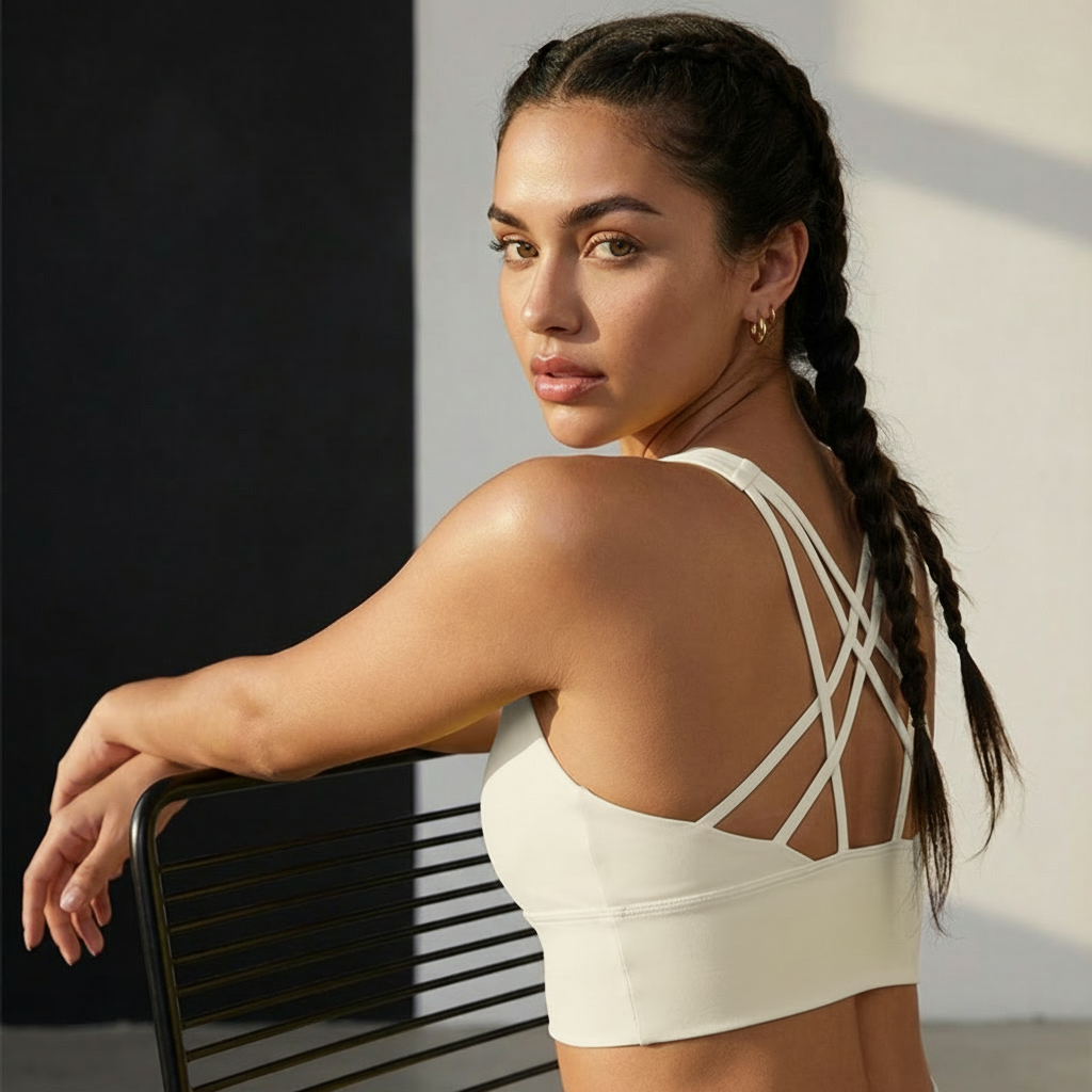 Lift Em' double X sports bra in beige, open back crisscross strap and cutout