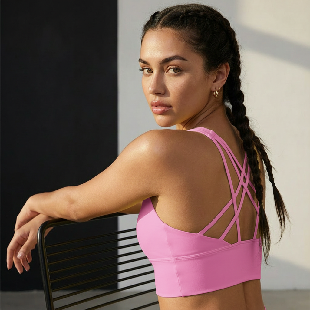 Lift Em' double X strappy sports bra in pink, back crisscross straps and cutout