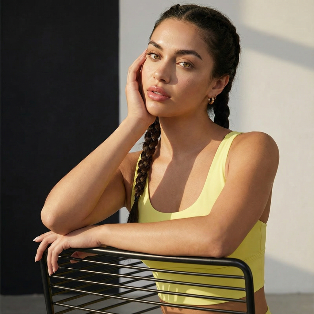 Lift Em' double X sports bra in yellow, back cutout with crisscross strap detail