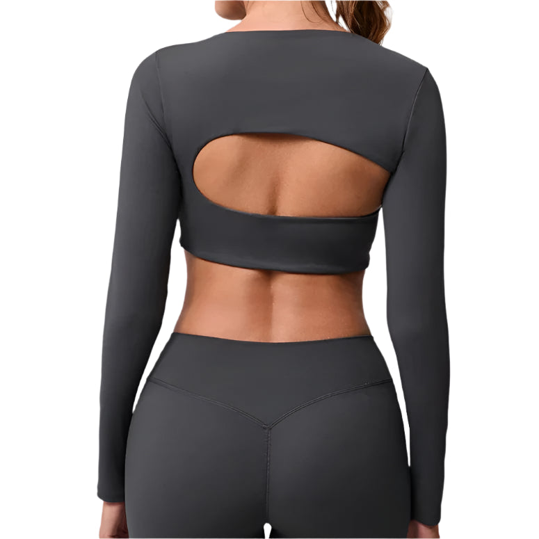 Xooie Fit unique crop top design with long sleeves and cutout back for stylish comfort