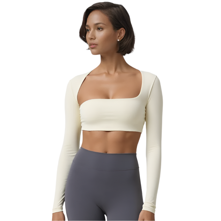 Xooie Fit unique crop top design in cream with long sleeves and a stylish square neckline
