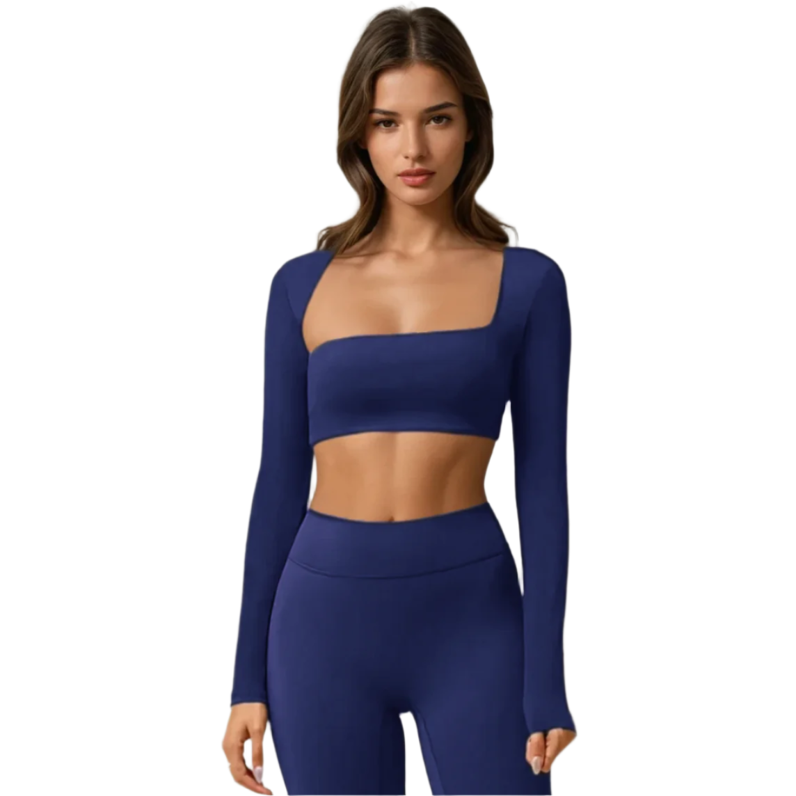 Xooie Fit unique crop top design in navy blue with long sleeves and square neckline
