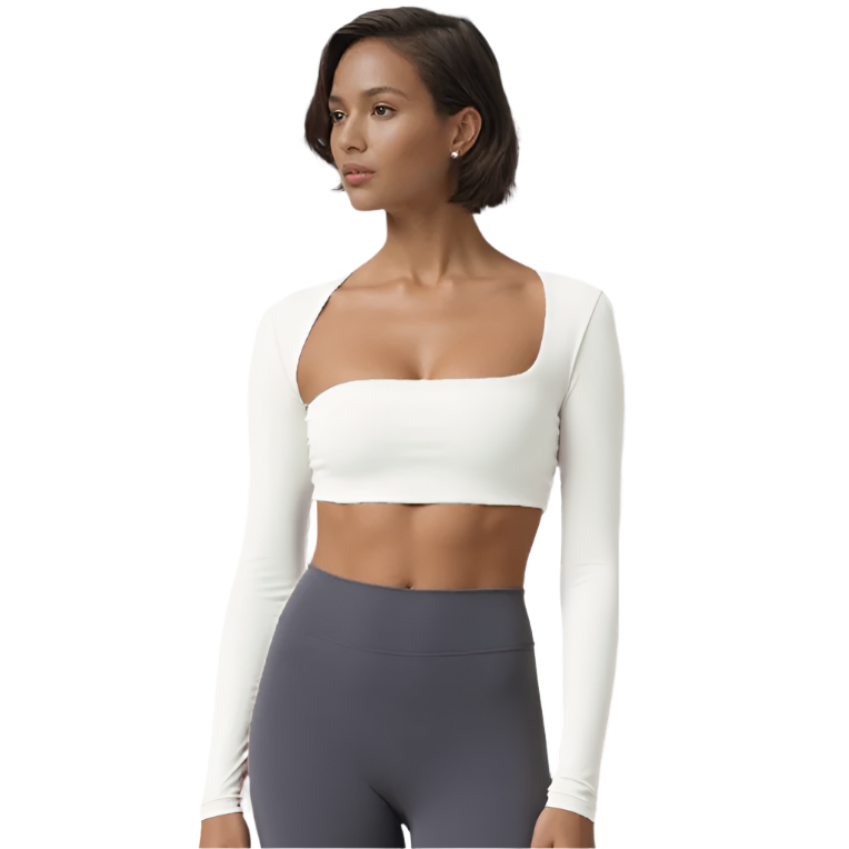 Stylish white long-sleeve top with a unique crop top design for modern fashion enthusiasts