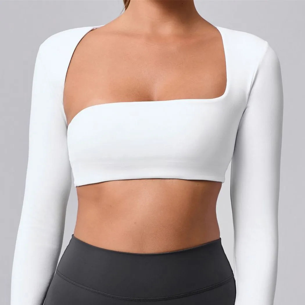 Xooie Fit unique crop top design in white with long sleeves and a stylish cut for modern outfits