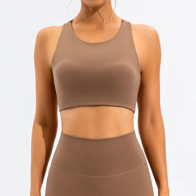 Xooie Fit brown unique open-back bralette with smooth fabric and high neckline