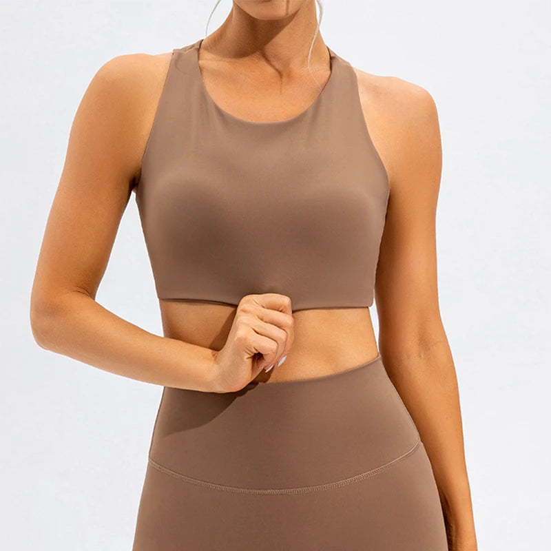 Xooie Fit unique open-back bralette in brown with a sporty high neckline and seamless design