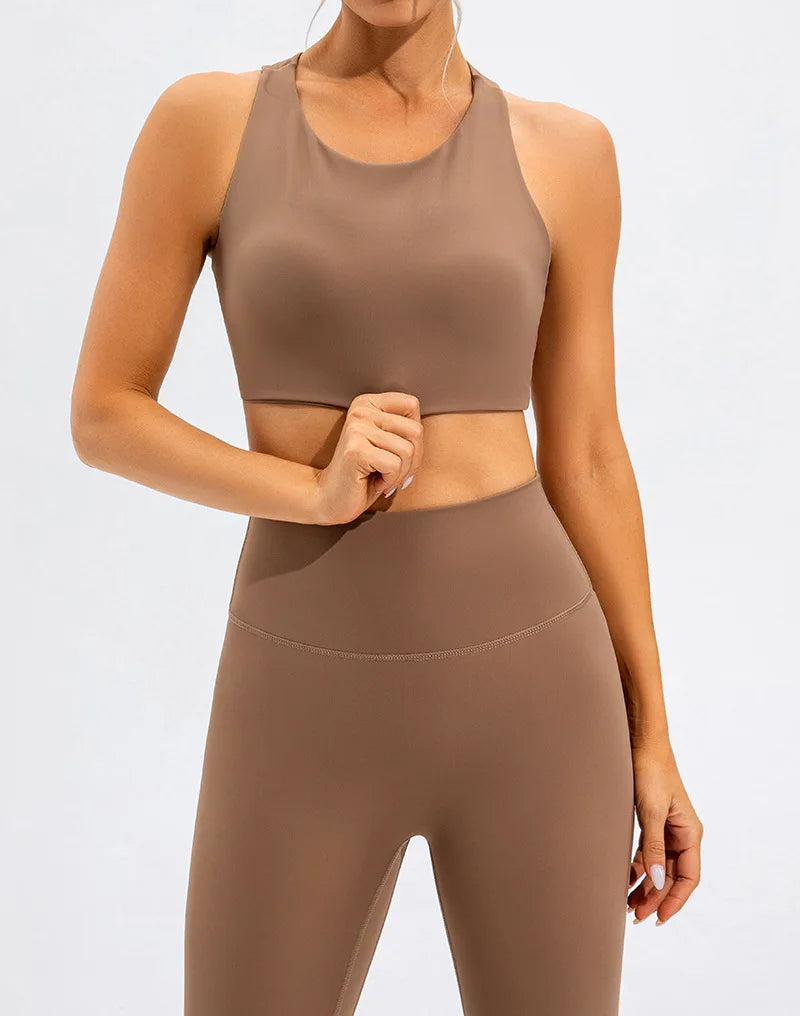 Xooie Fit unique open-back bralette in brown with a high neckline and smooth fabric