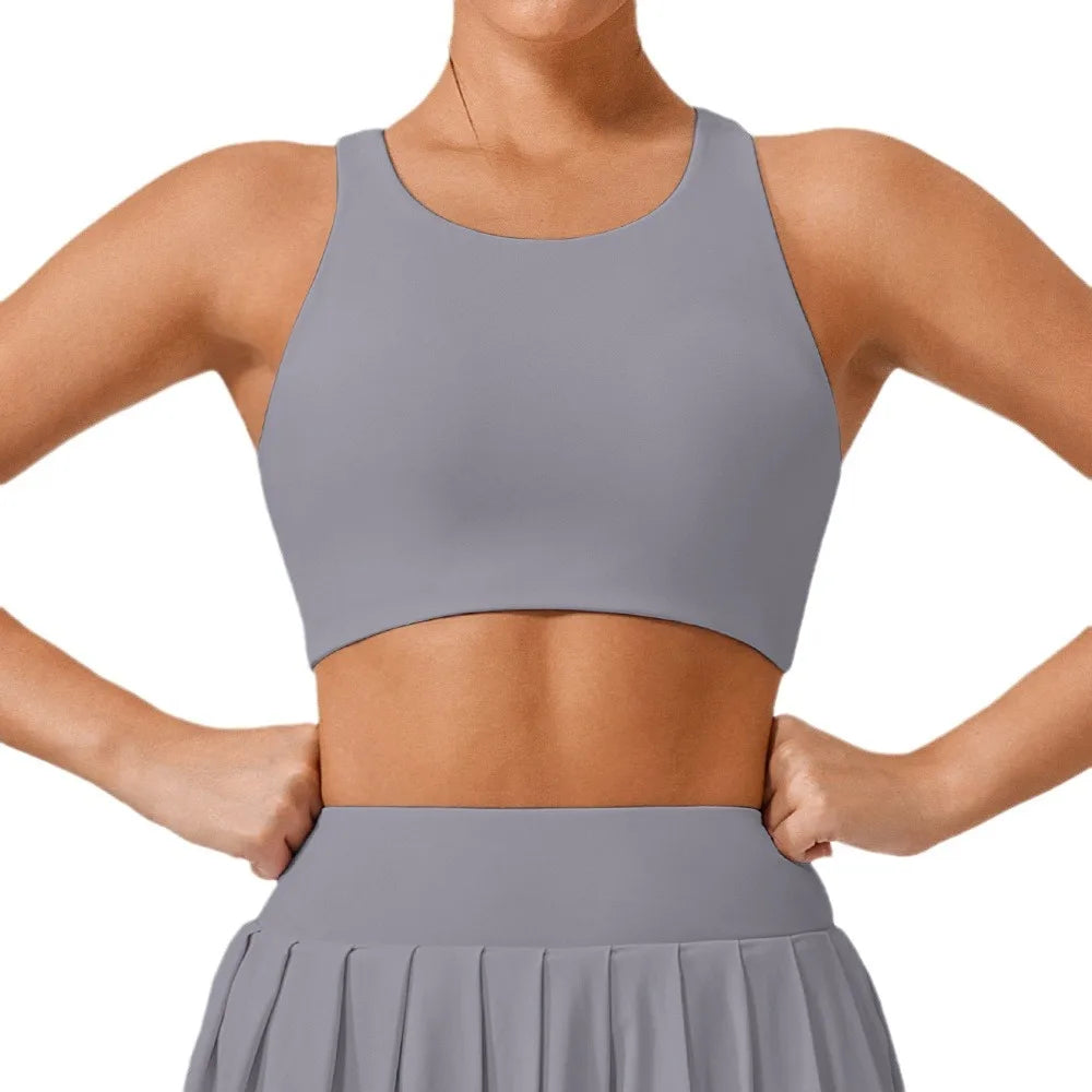 Xooie Fit unique open-back bralette in gray with wide shoulder straps and smooth fabric