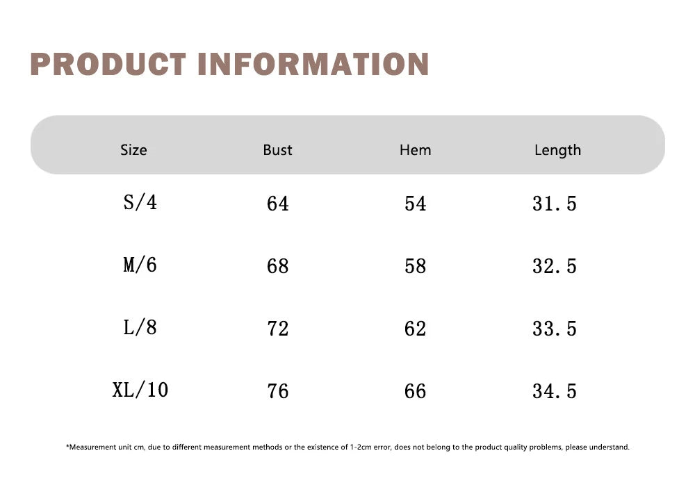 Xooie Fit size chart for unique open-back bralette showing bust, hem, and length measurements