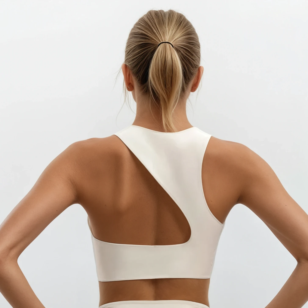 Xooie Fit unique open-back bralette in white with asymmetrical cutout design shown from the back
