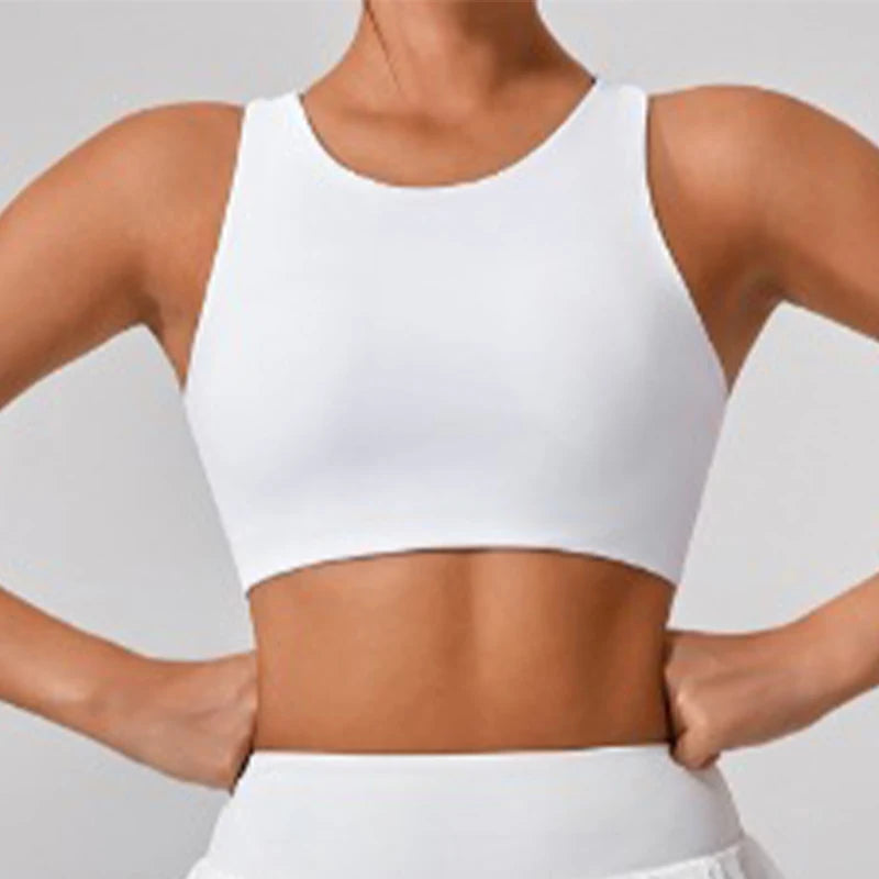 Xooie Fit white seamless unique open-back bralette with a high neckline and comfortable fit