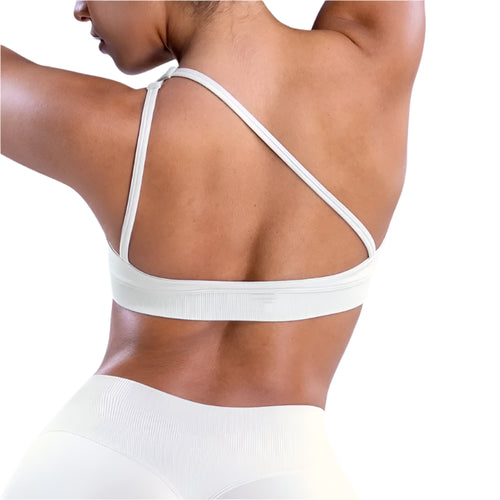 Back view of Active Bralette in White with wide racer straps and ribbed band
