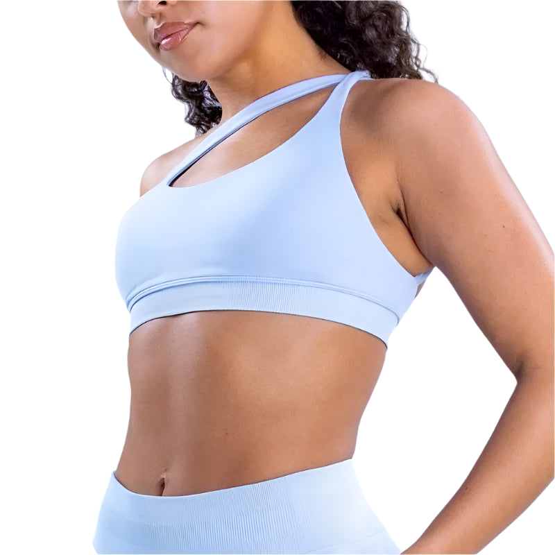 Light blue Xooie Fit unique side-strap bralette with stylish design for comfort and support
