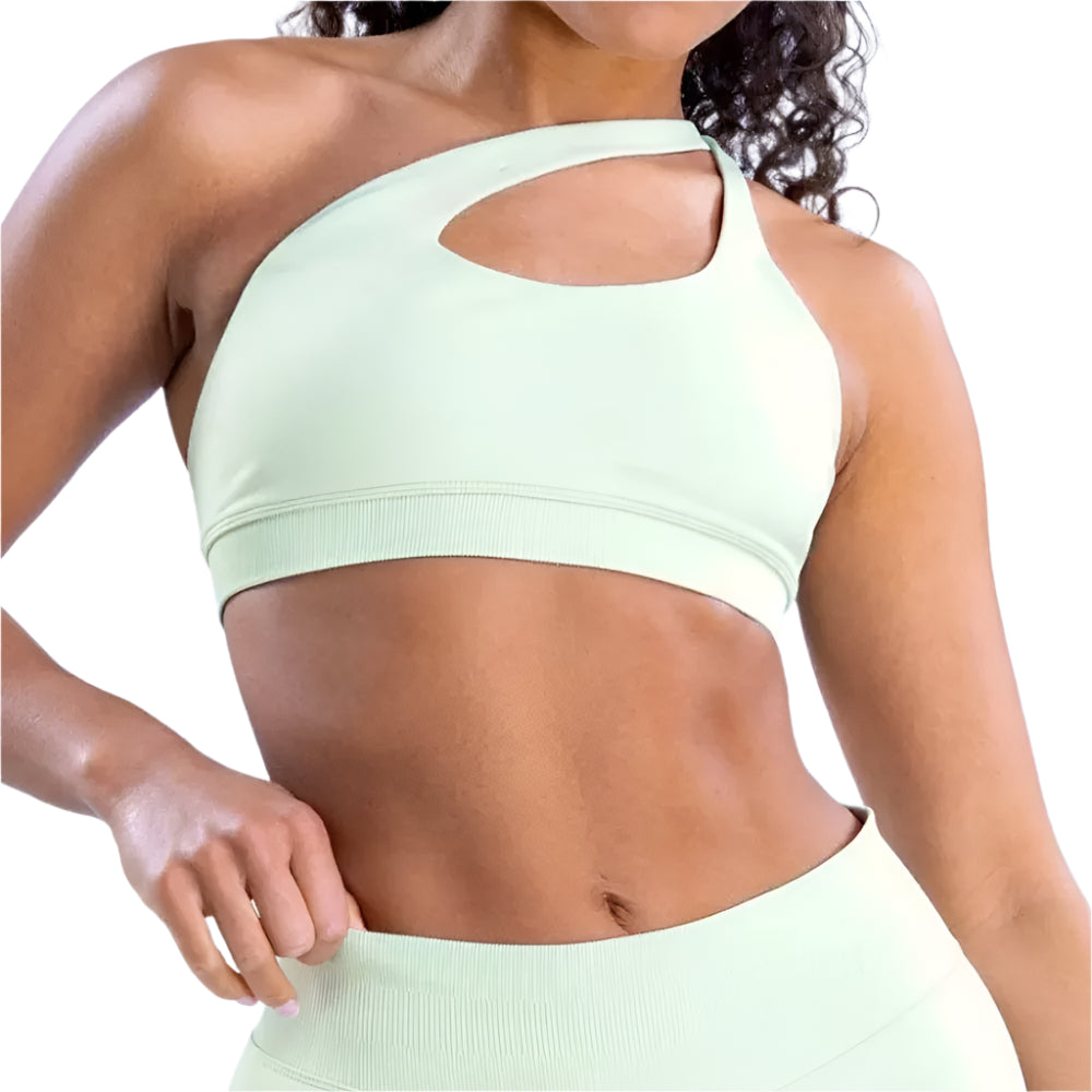 Xooie Fit unique side-strap bralette in mint green with stylish cutout design for workout fashion