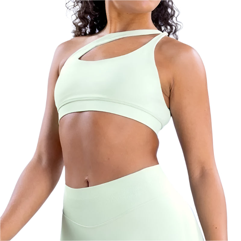 Xooie Fit unique side-strap bralette in light green with stylish cutout design for activewear