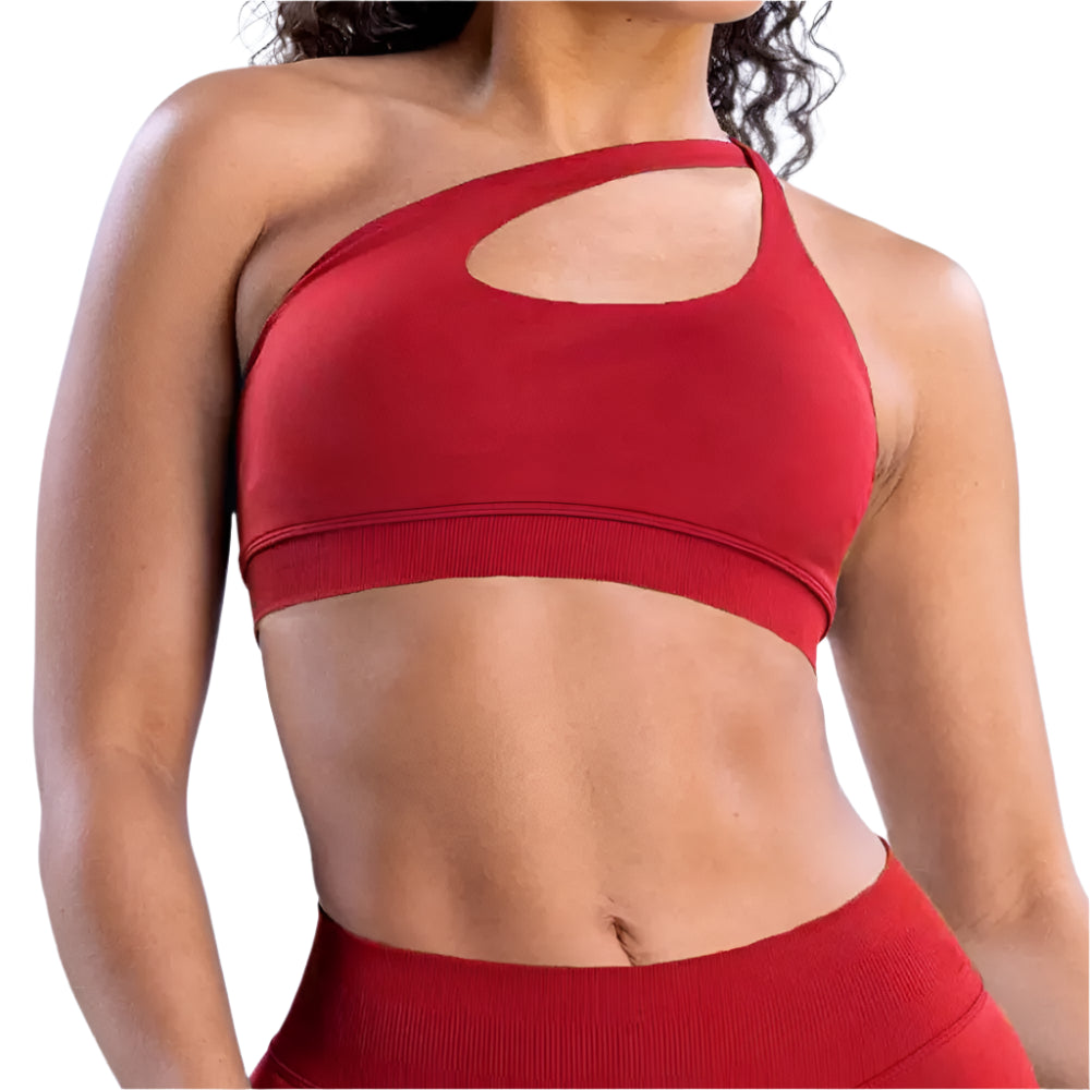 Xooie Fit unique side-strap bralette in red with a stylish cut-out design for comfortable support