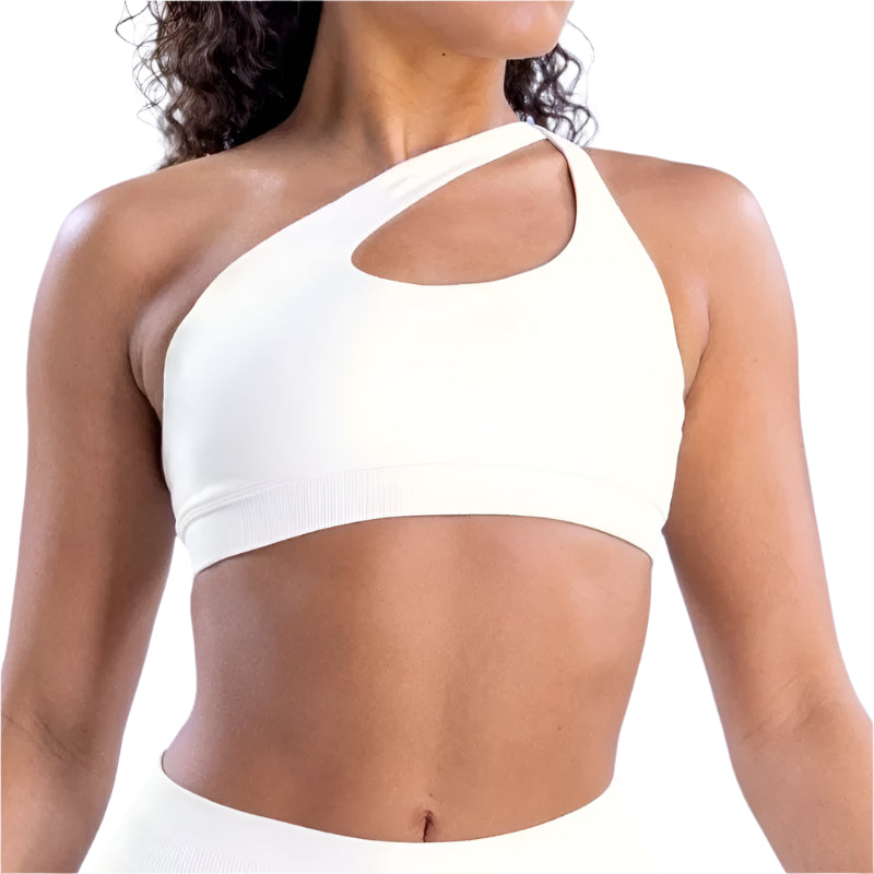 Xooie Fit unique side-strap bralette in white with cutout design for a stylish and comfortable fit