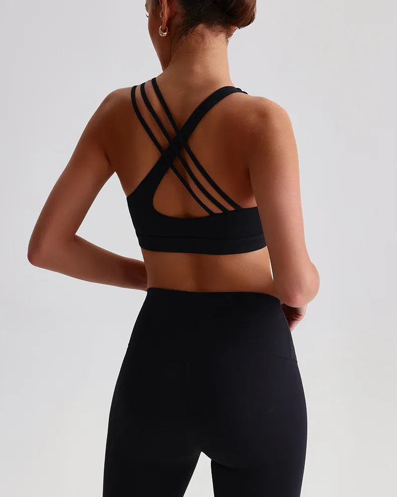 Back view of a unique strappy sports bra for women with stylish straps and comfortable fit
