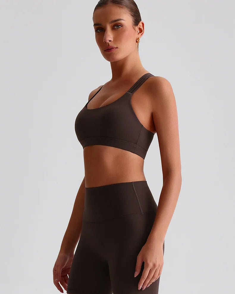 Stylish brown unique strappy sports bra for women with comfortable fit and support for workouts