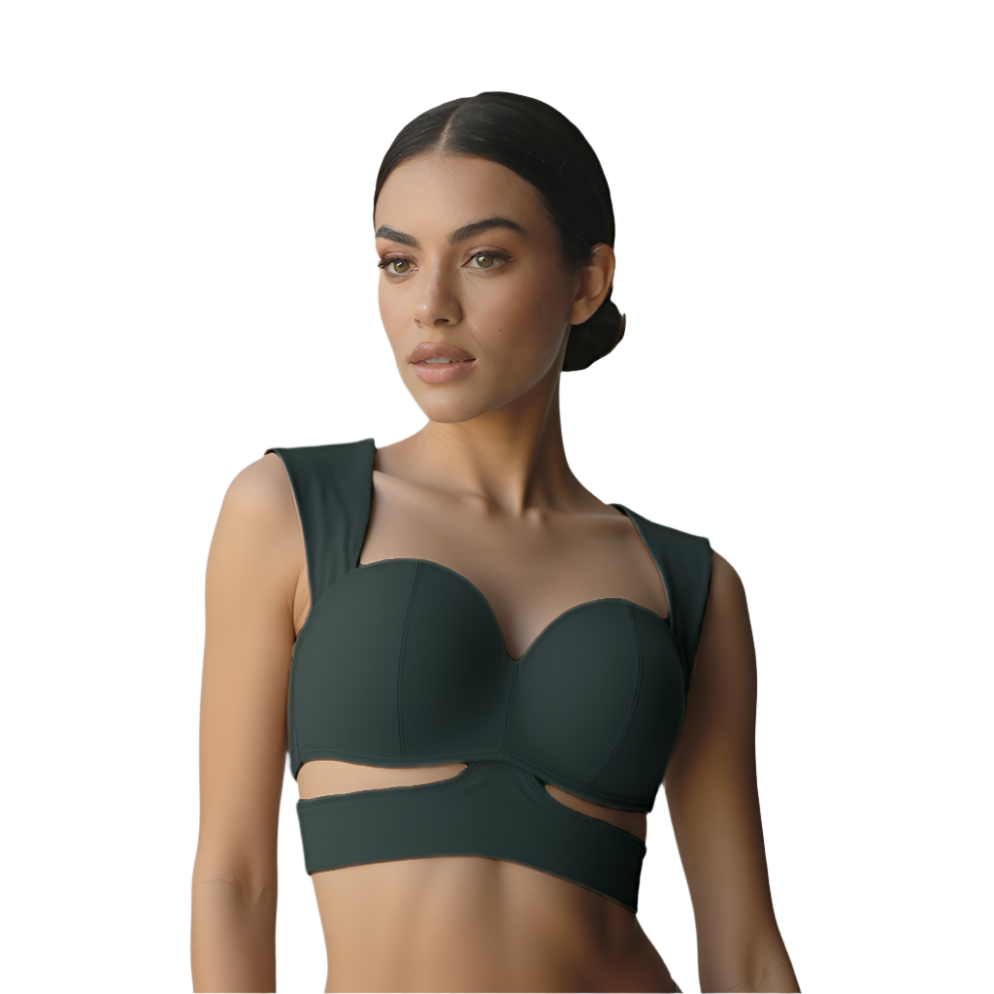 Xooie Fit unique yoga bra in dark green with stylish cutout design for comfort during workouts