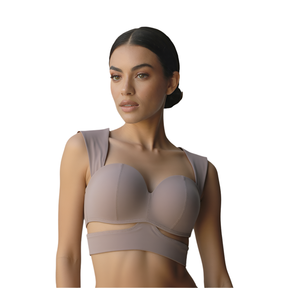 Xooie Fit unique yoga bra in soft beige with supportive design for comfort during workouts