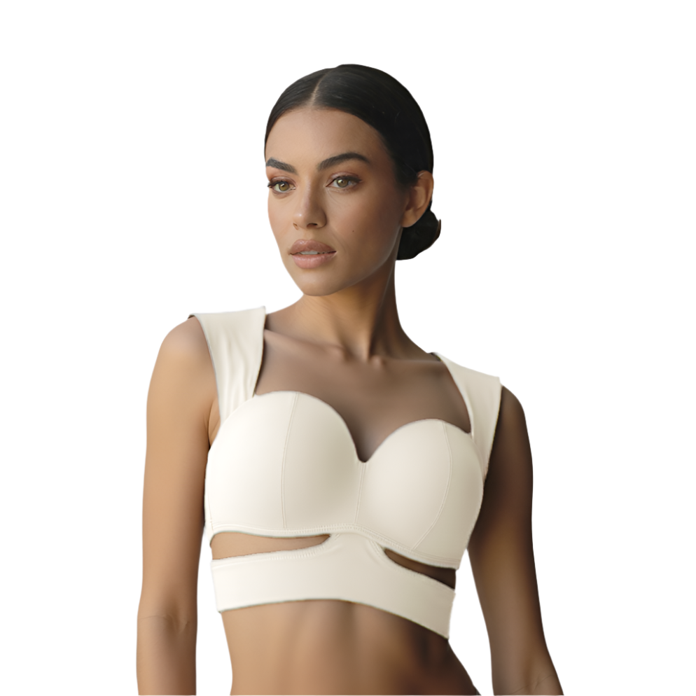 Xooie Fit unique yoga bra in cream with stylish cutouts and supportive design