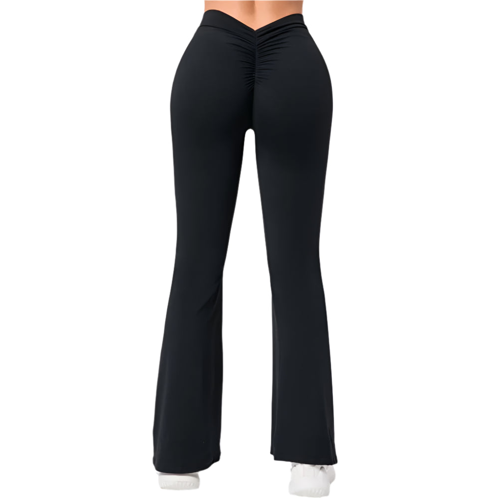Black v-shaped flare fitness leggings by Xooie Fit with a stylish and flattering design