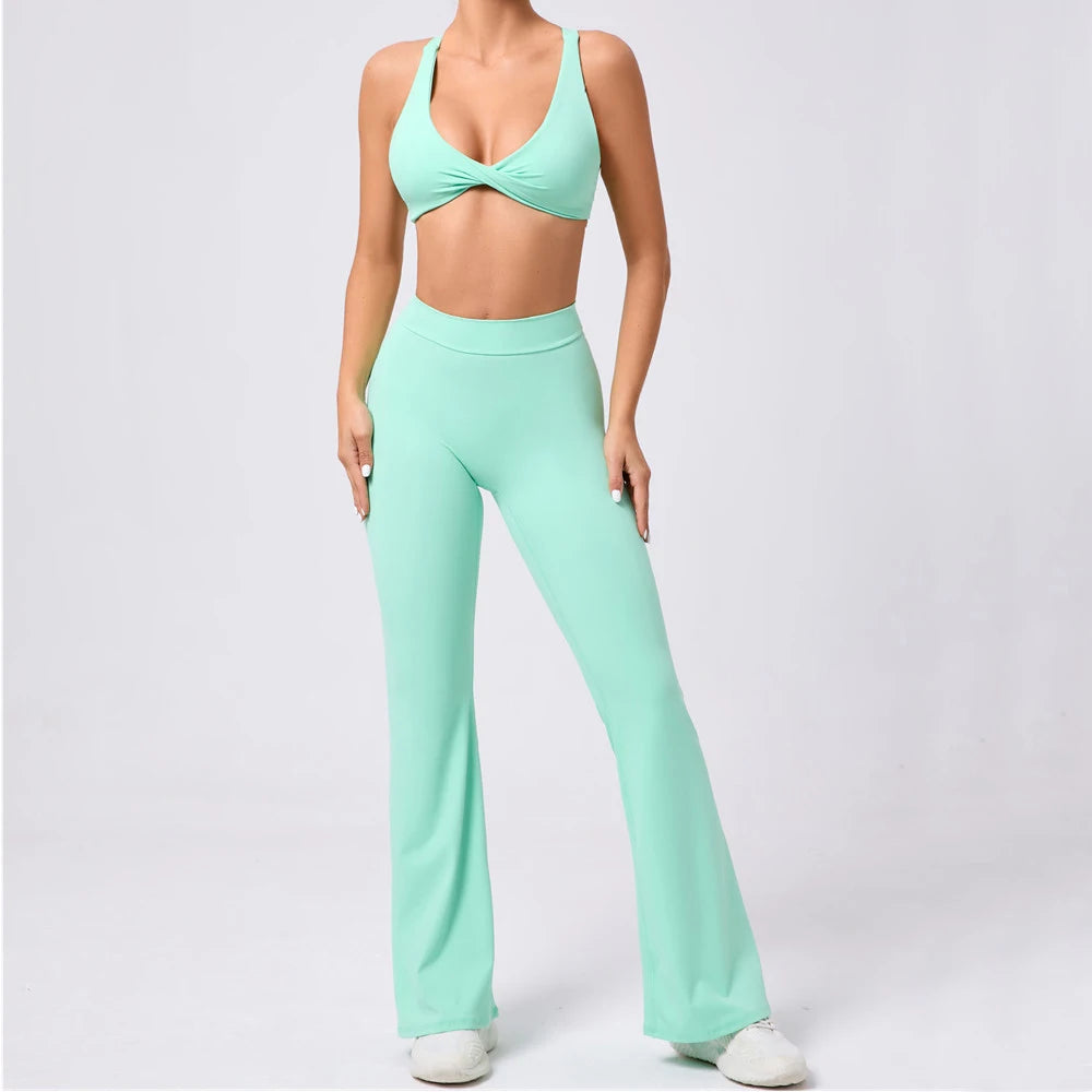 Mint Green V-Shaped Flare Fitness Leggings from Xooie Fit with a Flattering High Waist Design