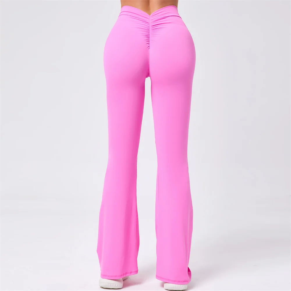 Pink v-shaped flare fitness leggings by Xooie Fit with a stylish and comfortable design