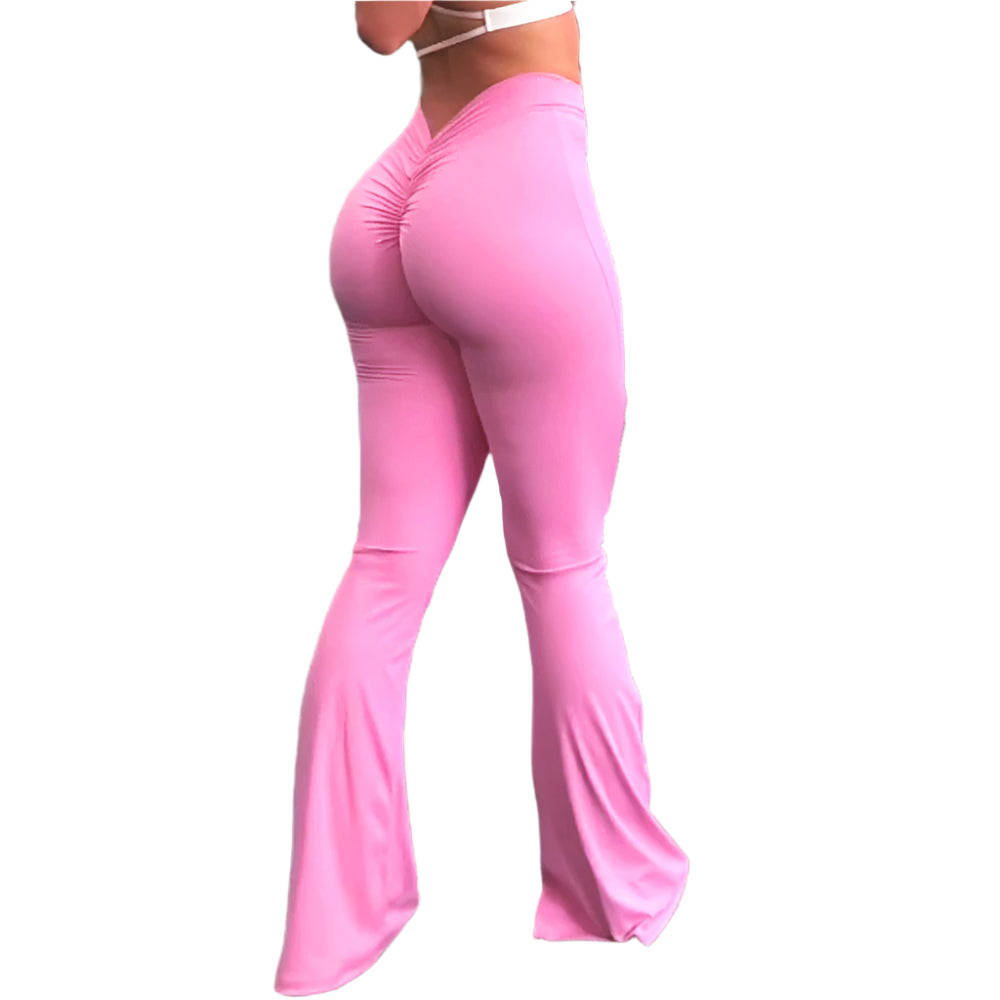 Pink Xooie Fit v-shaped flare fitness leggings with a flattering fit for workouts and casual wear