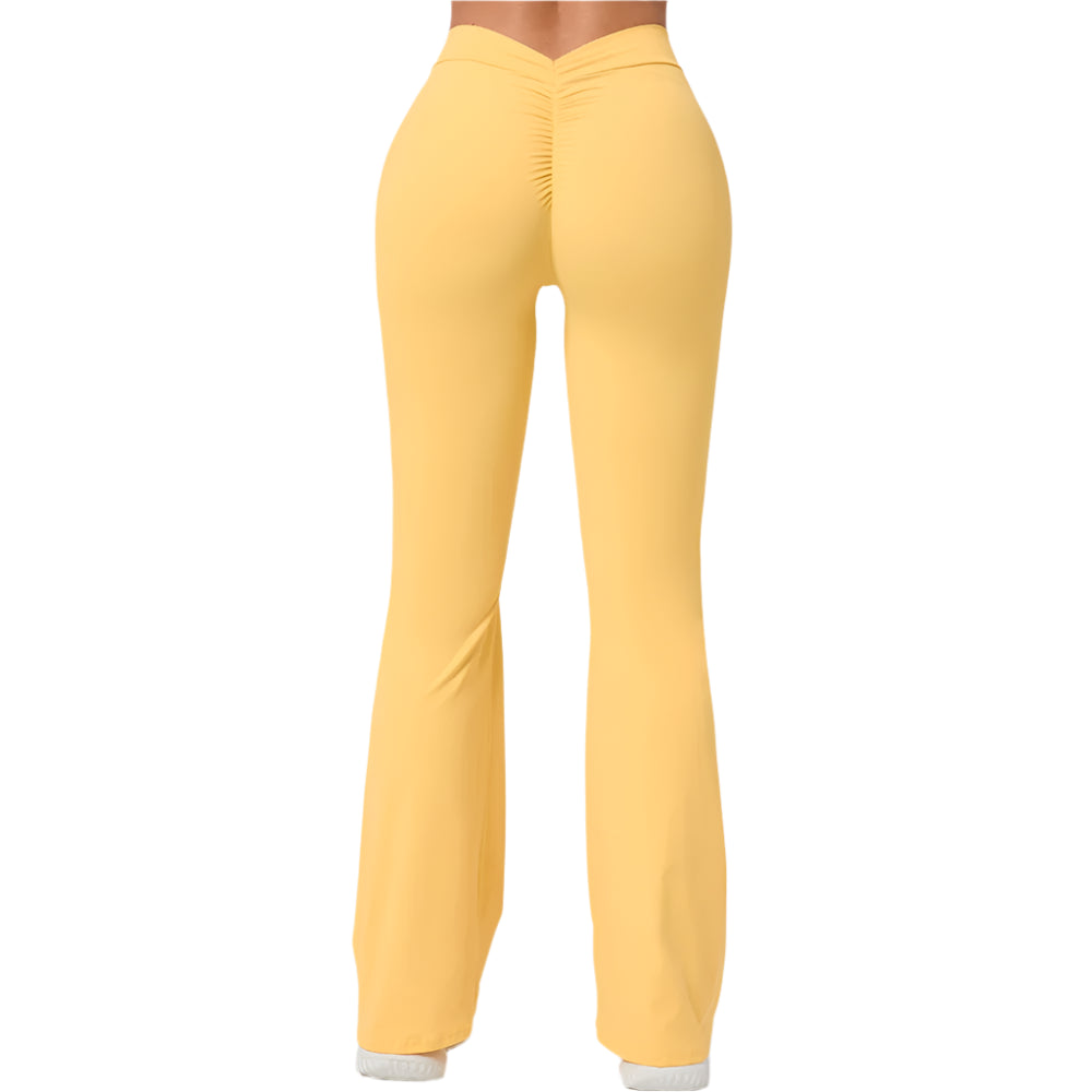 Stylish yellow v-shaped flare fitness leggings with a flattering fit from Xooie Fit