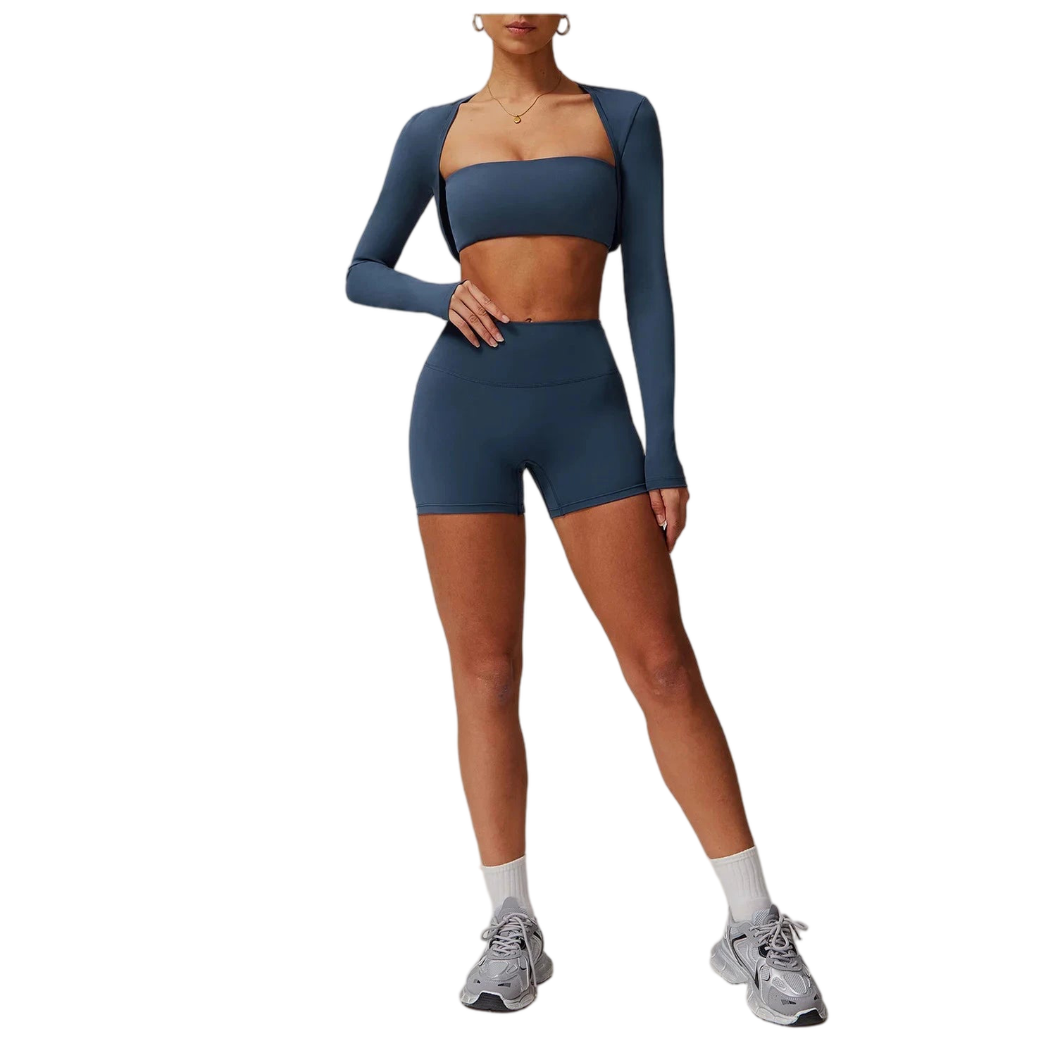 Xooie Fit 3-piece gym outfit for women featuring a crop top, long sleeve top, and high-waisted shorts