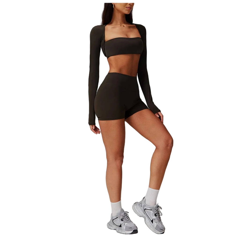 Stylish Xooie Fit 3-piece gym outfit for women in dark color, perfect for workouts or casual wear