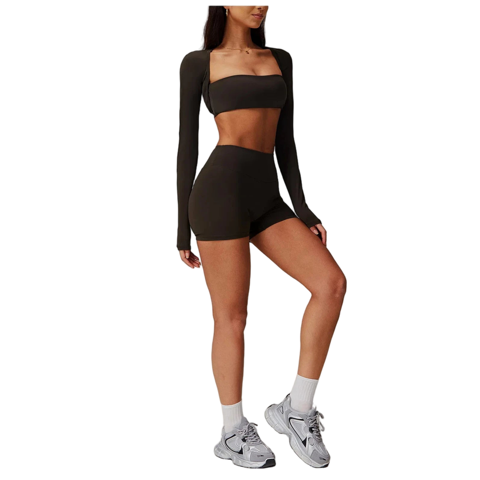 Stylish Xooie Fit 3-piece gym outfit for women in dark color, perfect for workouts or casual wear