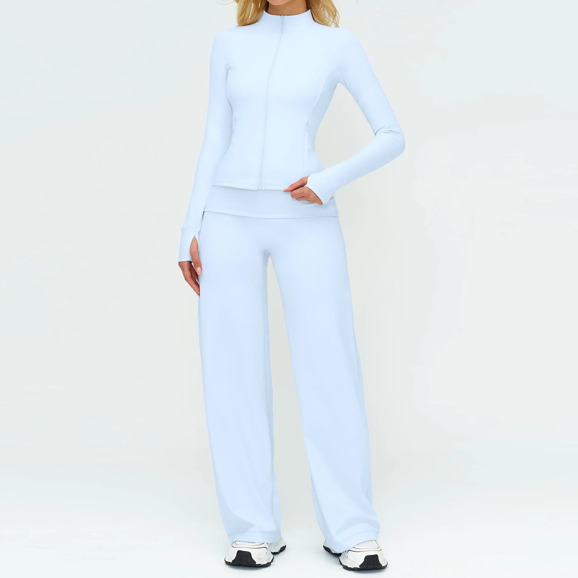 Light blue zip jacket and wide-leg flare pants from matching active 3-piece set