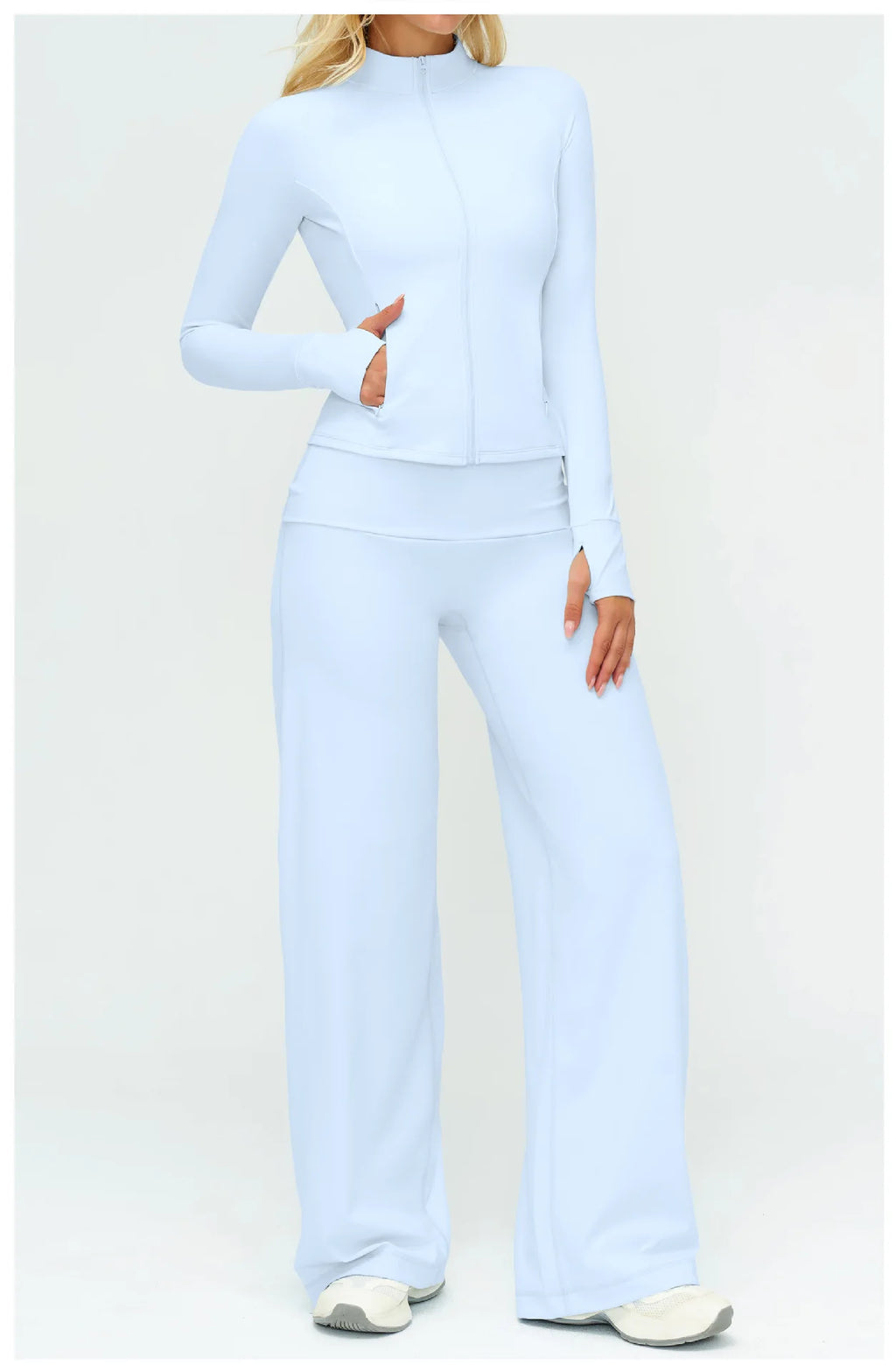 Light blue matching jacket with zip front, flare pants—active 3-piece set