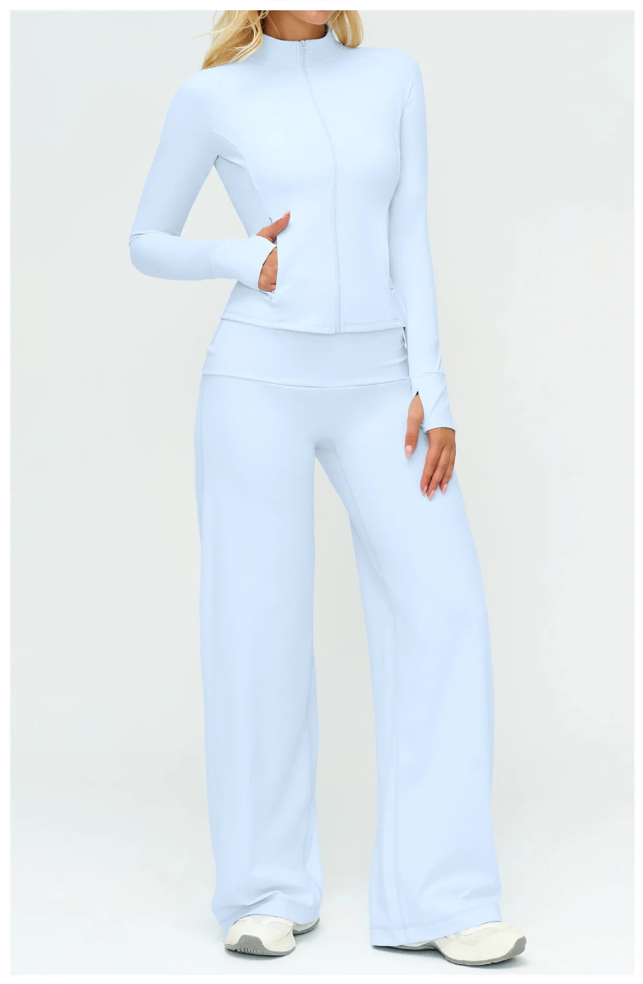 Light blue matching jacket with zip front, flare pants—active 3-piece set