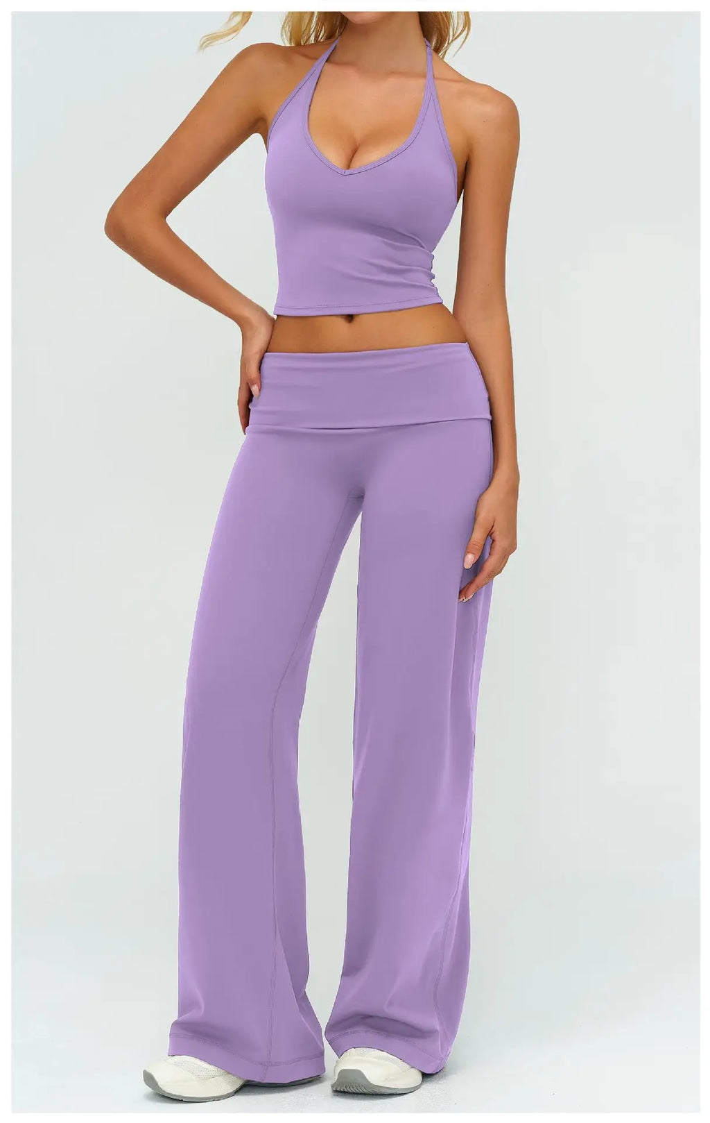 Lavendel/lila strap tank top en wijde flare broek, hoge taille