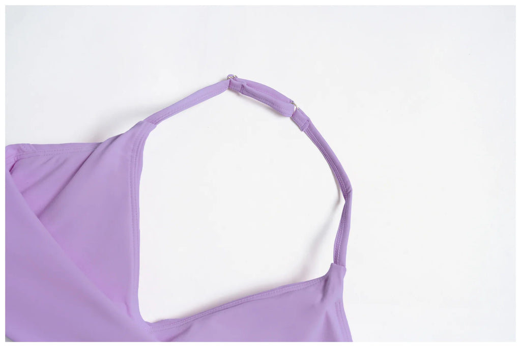 Lavender strap tank top neckline with adjustable shoulder strap