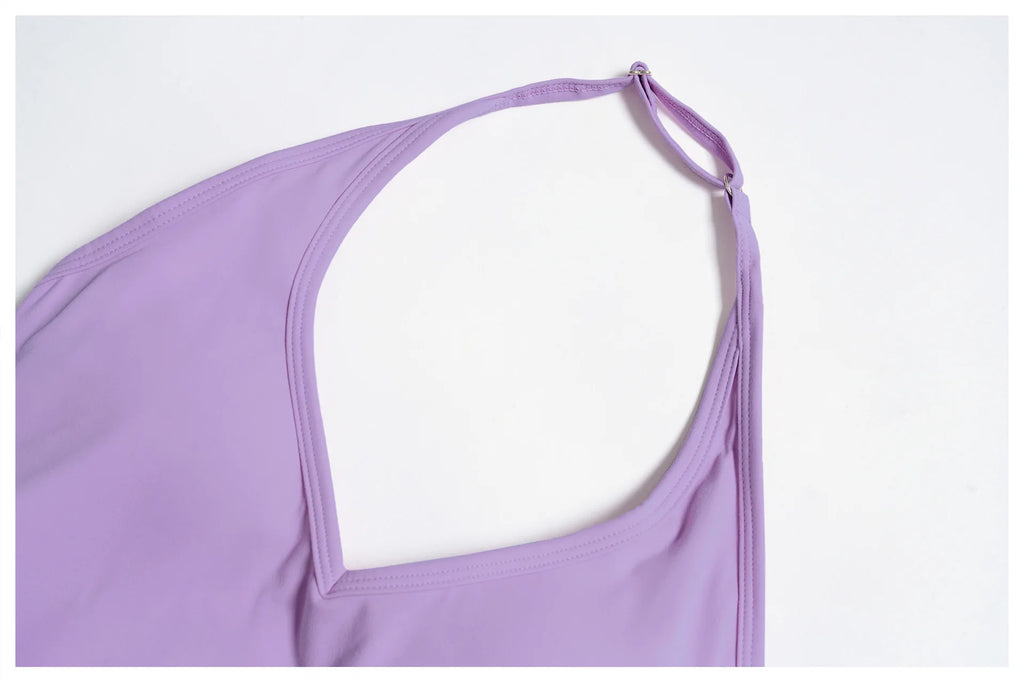 Lavender strap tank top with square neckline and open back strap detail