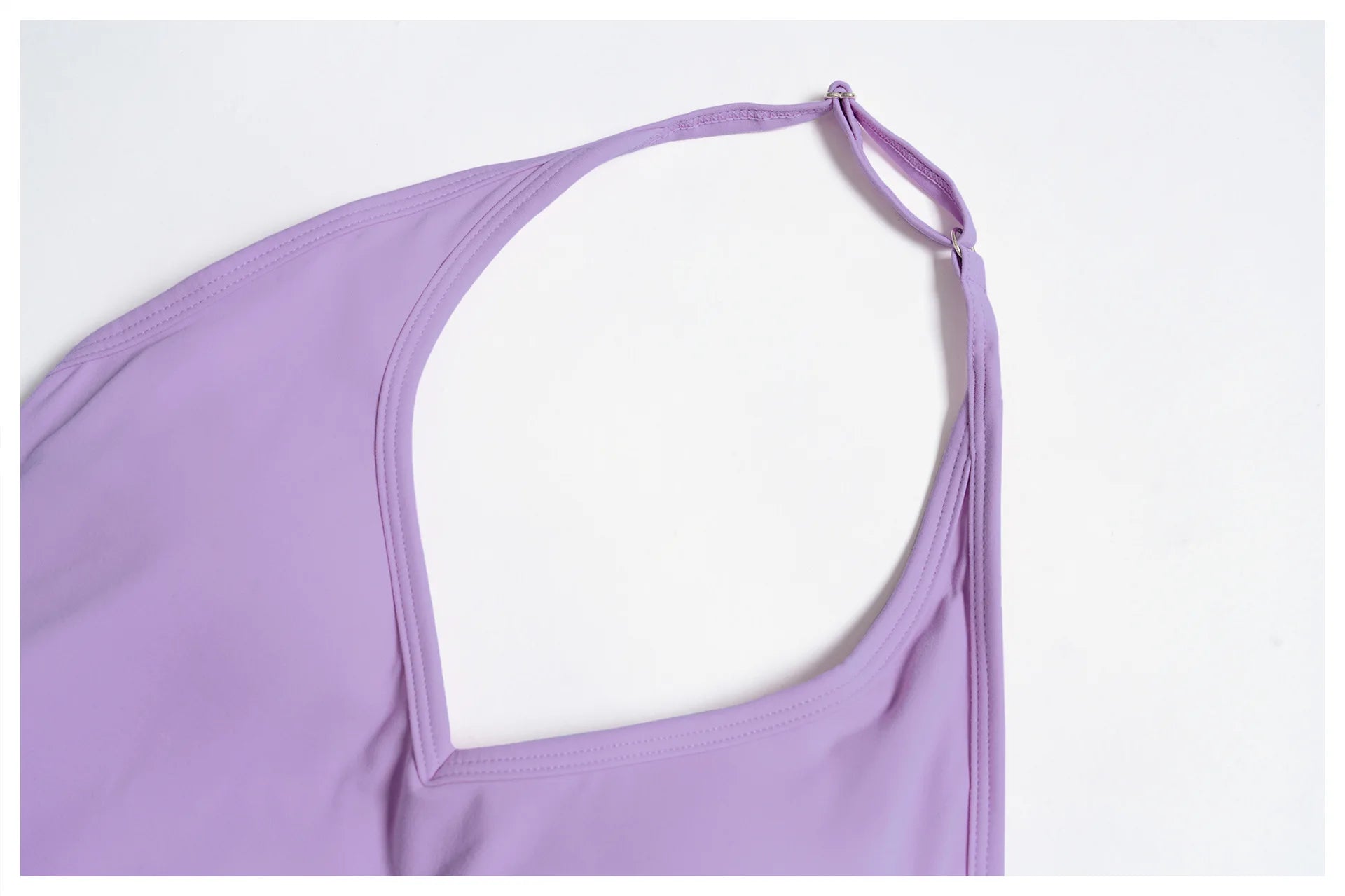 Lavender strap tank top with square neckline and open back strap detail