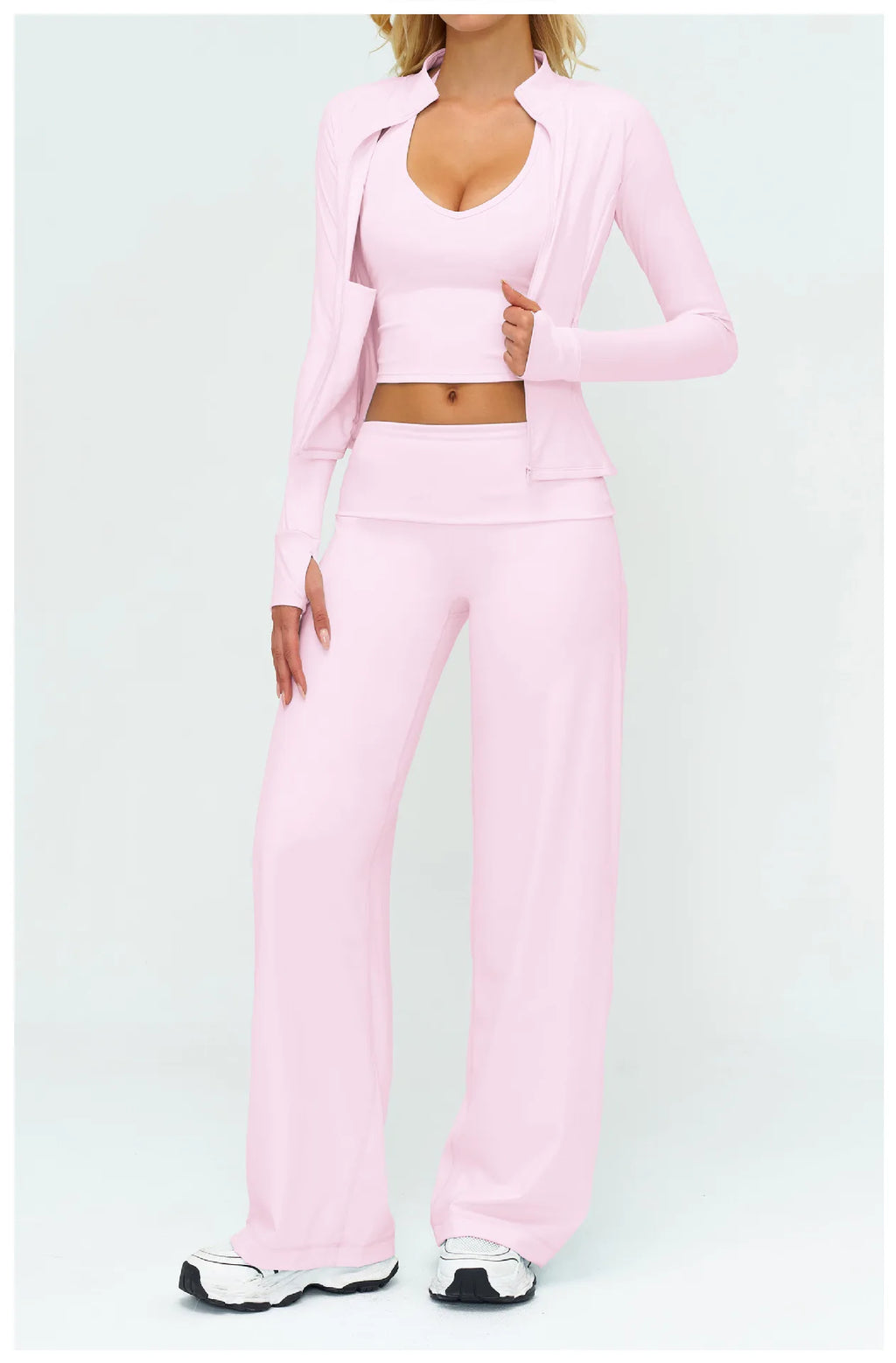 Light pink active set: open zip jacket over strap crop tank and flare pants