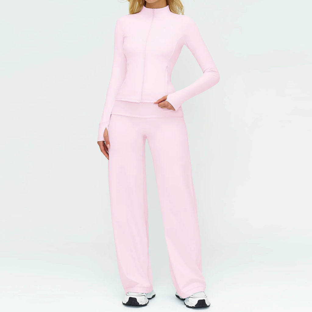 Light pink active set back view: fitted jacket and wide-leg flare pants