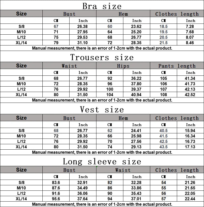 Size chart for bra, trousers, vest, and long sleeve measurements