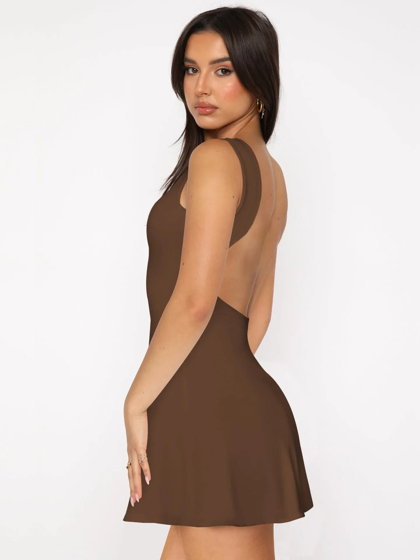 Xooie Fit active mini backless dress in brown with a flattering silhouette and sleeveless design