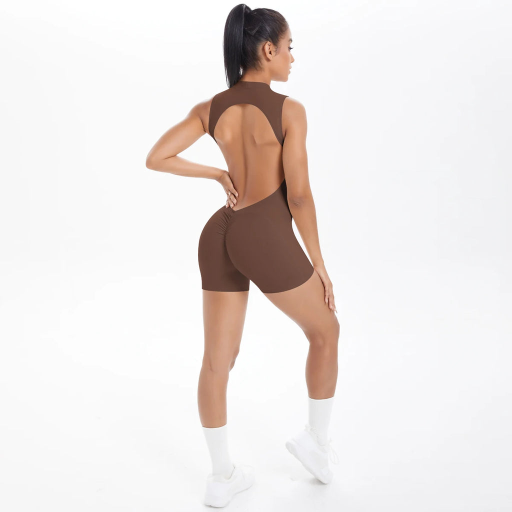 Backless active romper for women in brown featuring a stylish cut-out design and form-fitting silhouette