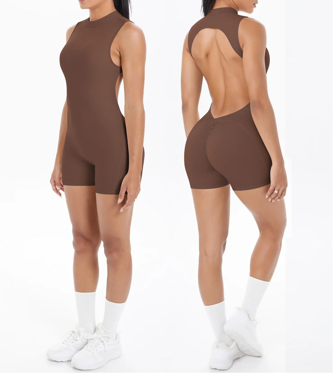 Xooie Fit backless active romper for women in brown with sleeveless design and fitted shorts