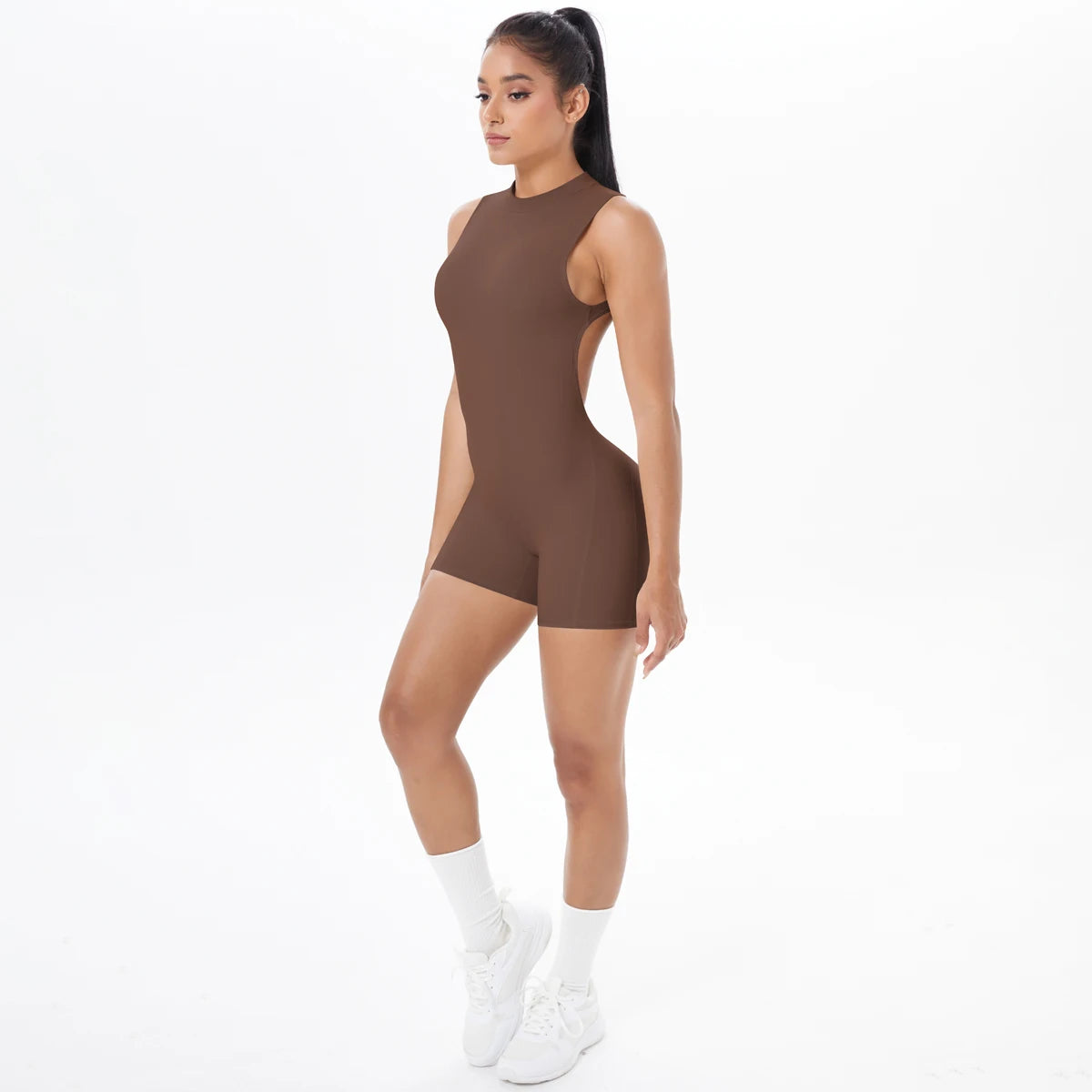 Brown backless active romper for women by Xooie Fit, perfect for workouts and casual wear