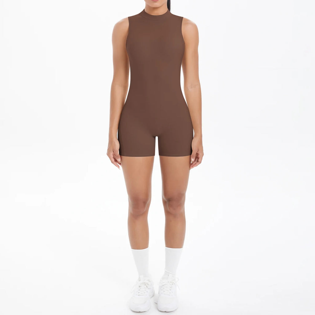 Xooie Fit backless active romper for women in brown with a sleek, modern design