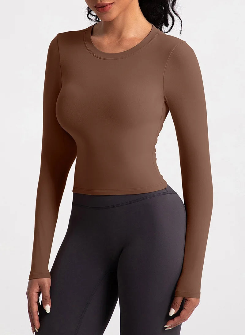 Xooie Fit backless long sleeve workout crop top in brown for stylish athletic wear